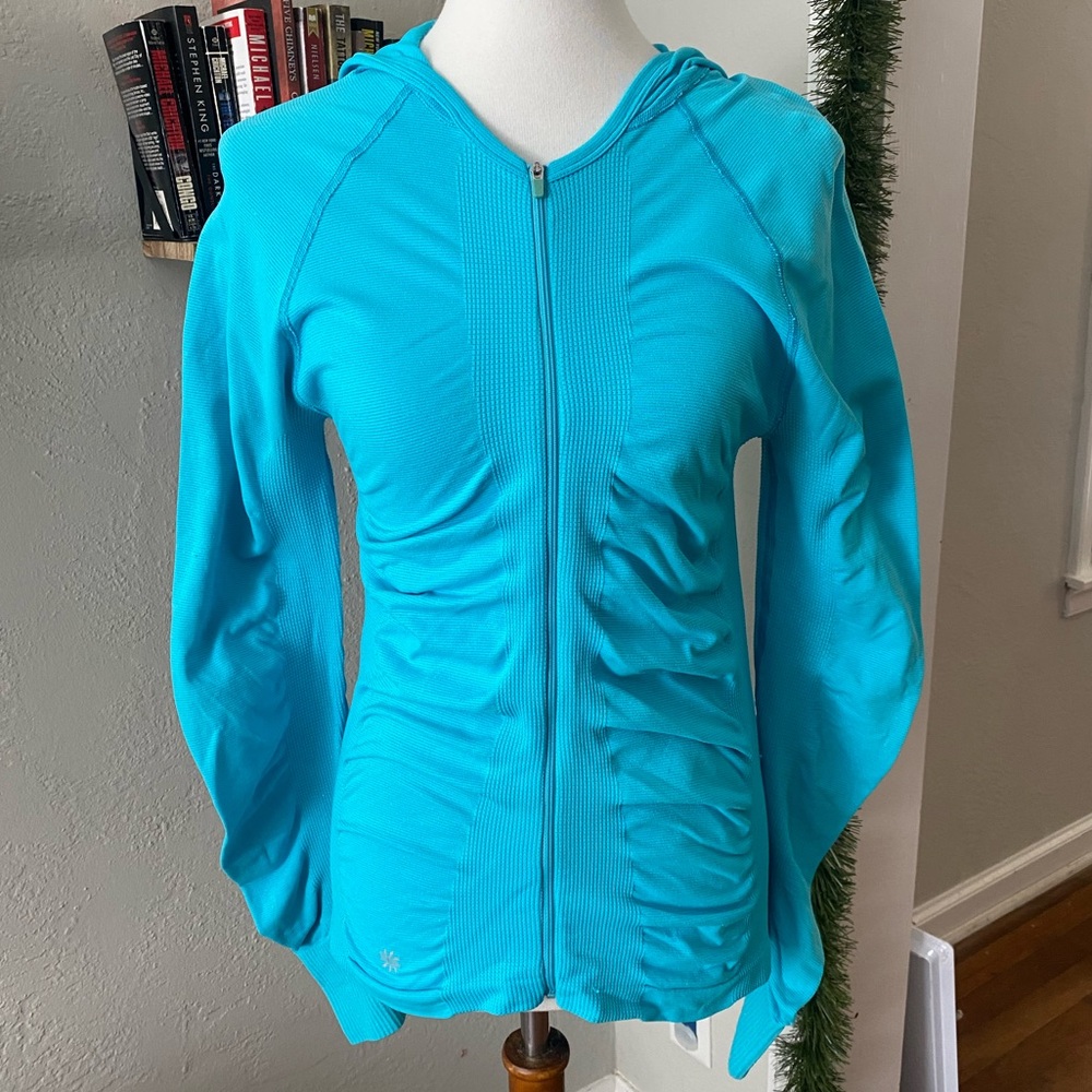 Athleta Blue Sparkle Ruched Full Zip Hooded Slimming Active Sport Yoga Jacket L